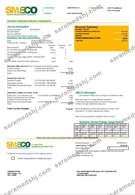 USA Maryland SMECO business utility bill template in Word and PDF formats